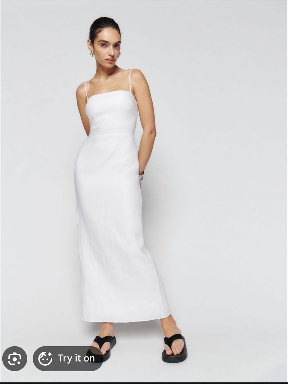 Reformation White Frankie Linen Square-Neck Spaghetti-Strap Maxi Dress